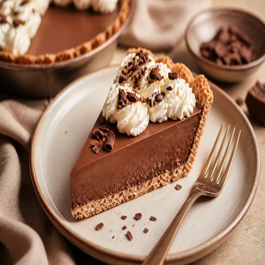 Chocolate pie with wafer crust slice