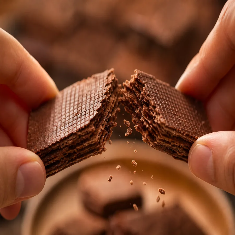 Hands breaking a crisp chocolate wafer