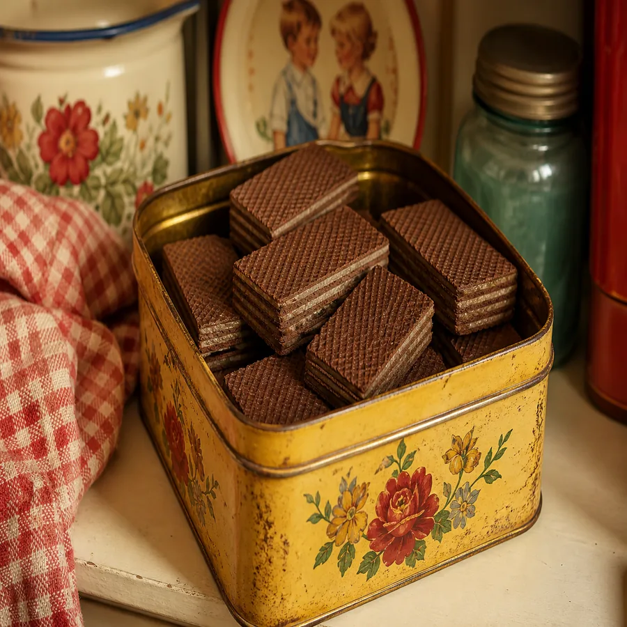 Vintage tin filled with chocolate wafer stacks