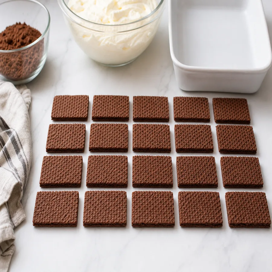 Wafers lined up for icebox cake assembly